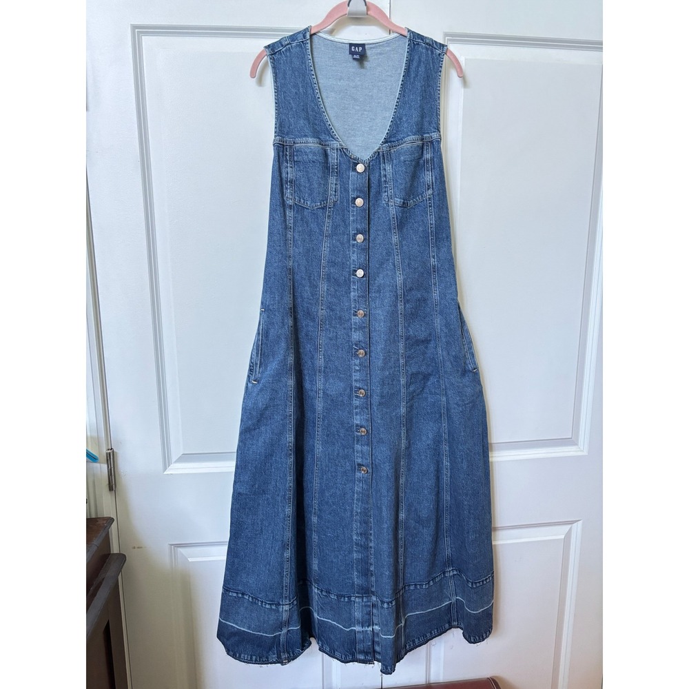 Gap Denim Tie Belt Button Front Maxi Dress Womens XL Dark Wash V-neck Denim - Picture 4 of 10